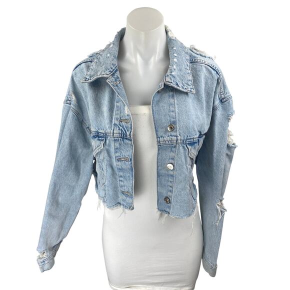 Zara Women's Blue Light Wash Long Sleeve Distressed Crop Denim Jean Jacket Sz XS - Picture 1 of 4